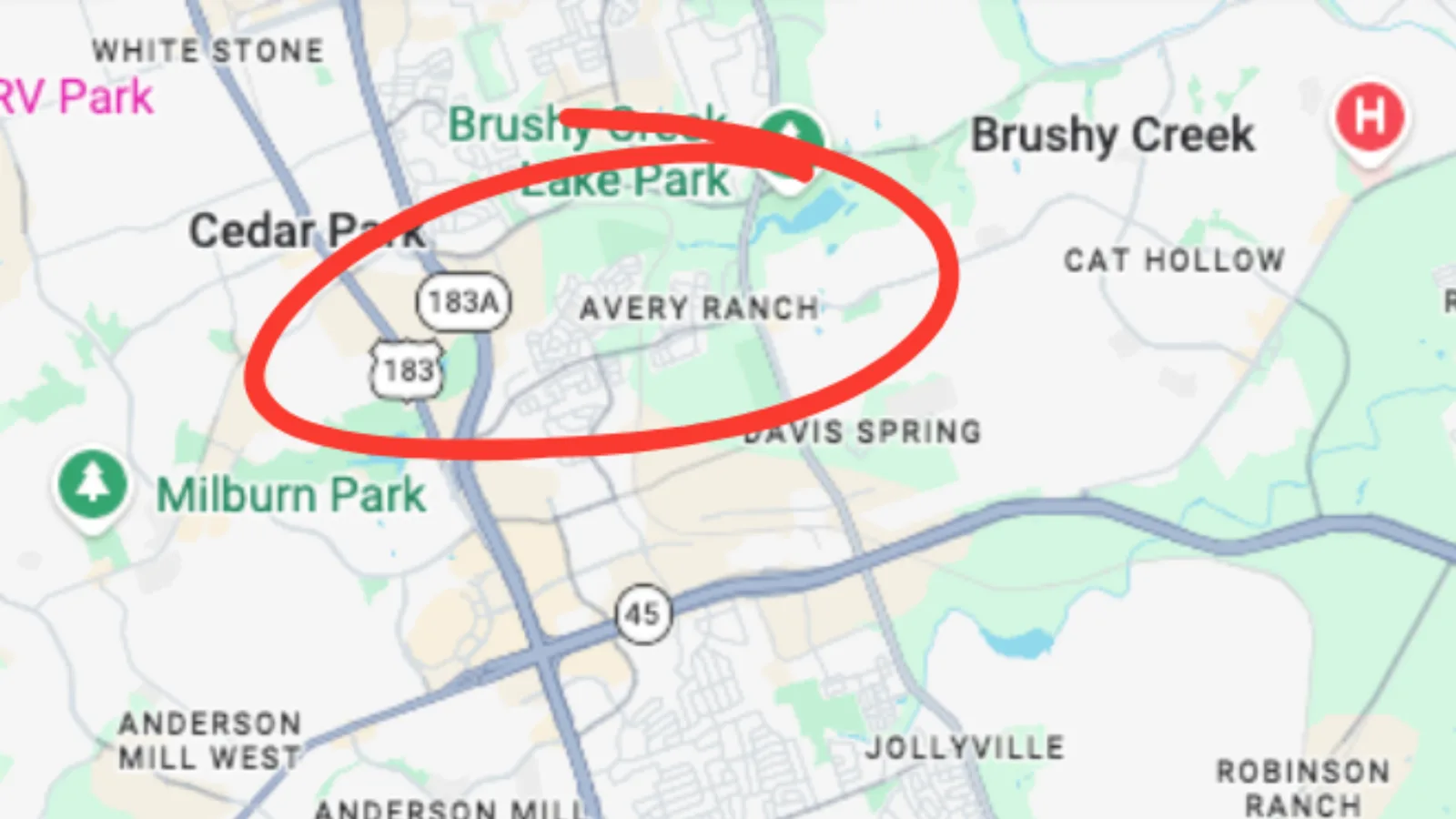 Map showing Avery Ranch circled in red between Cedar Park, Brushy Creek and Davis Spring
