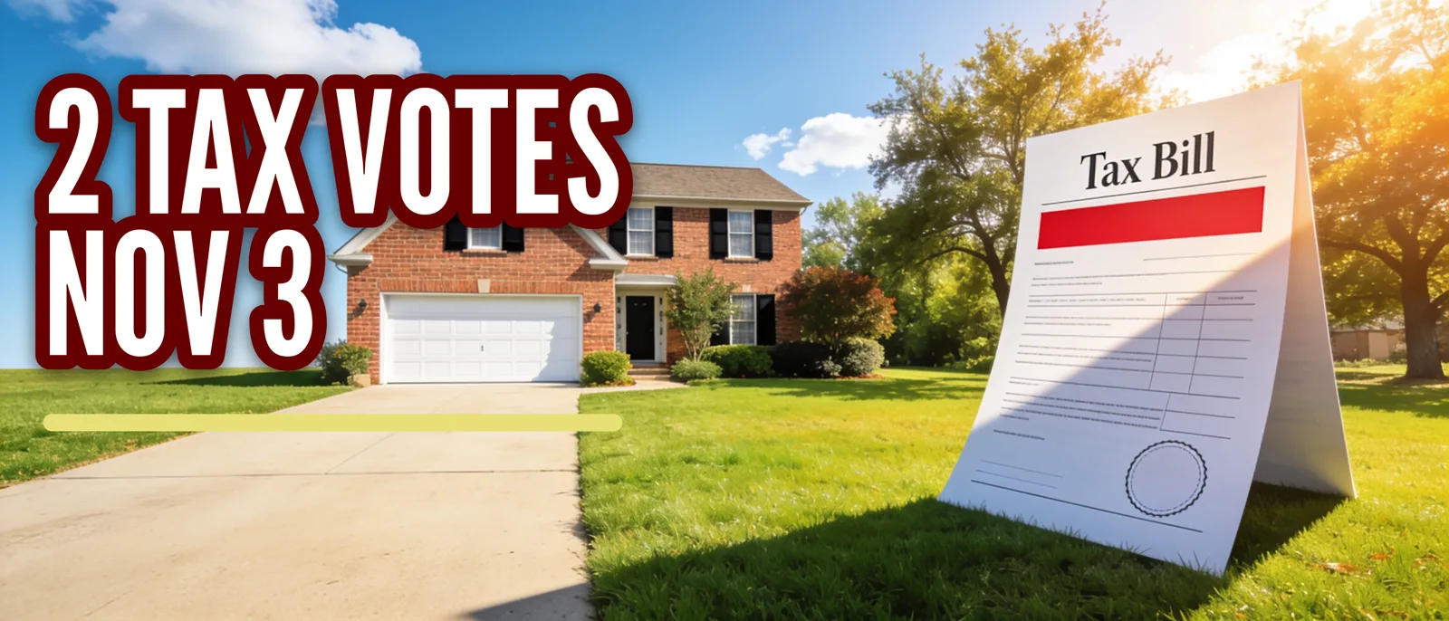 A brick home with a large tax bill standing on the lawn and the words 2 Tax Votes Nov 3