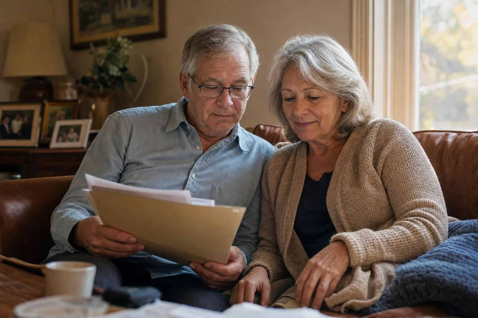 A senior couple talking together in their living room