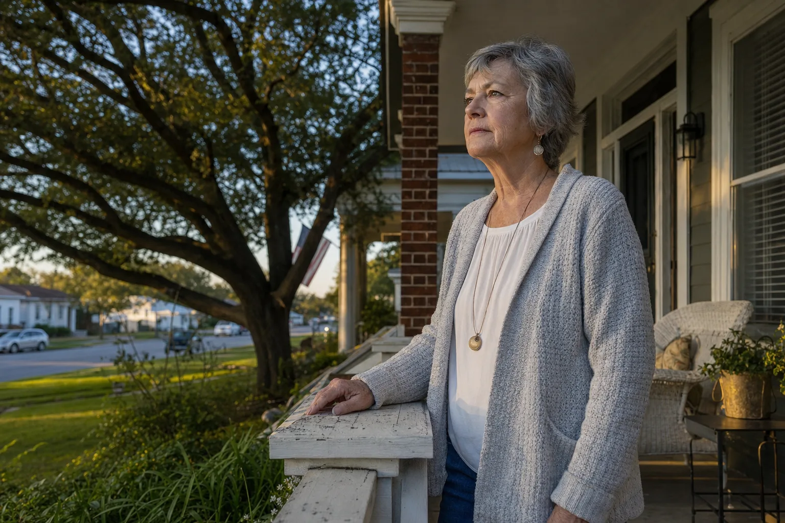 A senior woman sitting on her porch