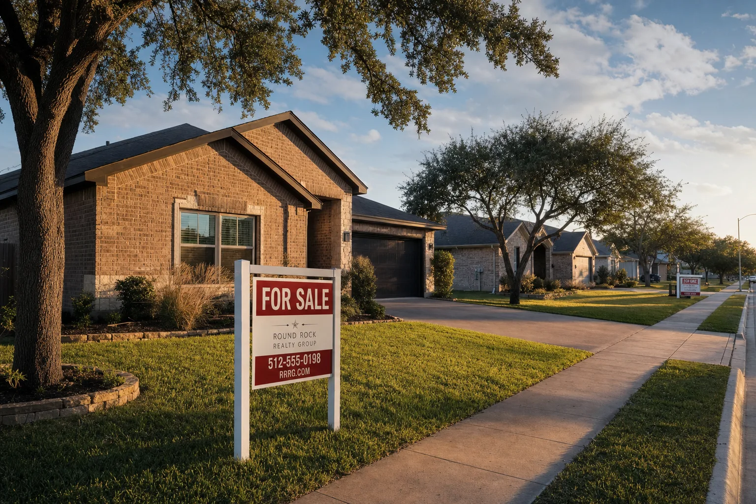 A for-sale sign outside a brick home on a Round Rock street